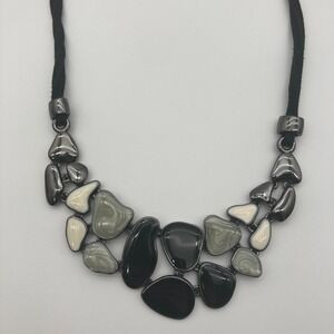 Lia Sophia 'Mischief' Necklace Black White Gray Enamel Bib Statement Gunmetal